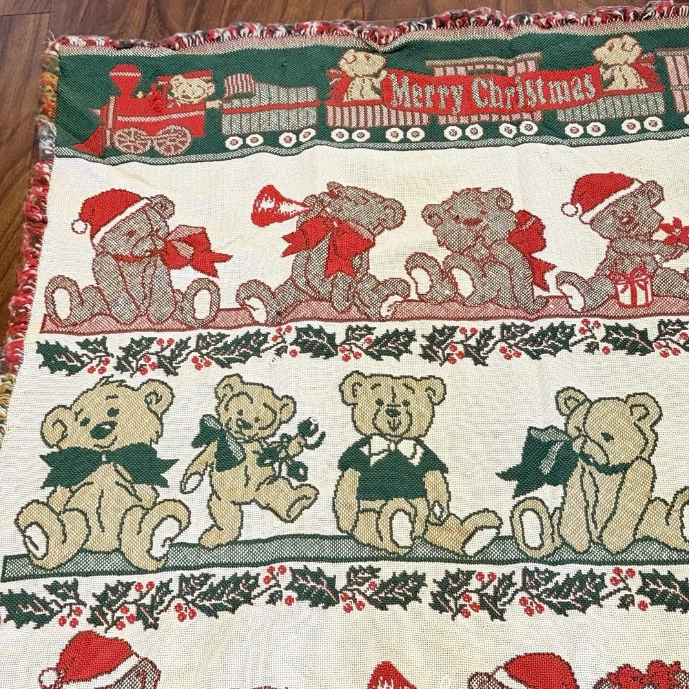 VTG Christmas Teddy Bear Train Woven Throw Blanket 49x56 Fringe Holiday Decor